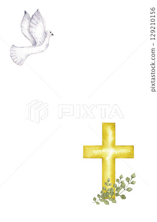 Vertical template with white dove of peace and golden cross. Watercolor illustration. For first communion, baptism, wedding greeting cards, invitation, save the date, birthday. Hand drawn. Copy space 129210156