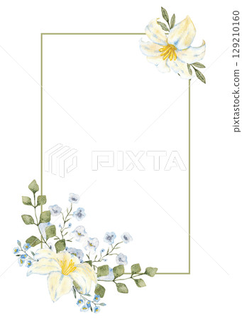 Template with white flowers and green leaves. Vertical frame. Watercolor illustration. For first communion, baptism, wedding greeting cards, invitation, save the date, birthday. Hand drawn. Copy space 129210160