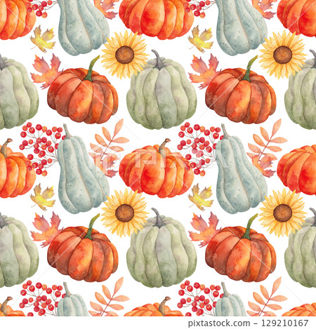 Seamless pattern with pumpkins, sunflower, viburnum, maple leaves, branch. Watercolor illustration. Hand drawn isolated botanical art. Background with berries, vegetables for Thanksgiving, Halloween. 129210167