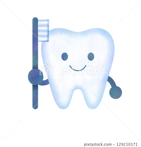 Cute tooth character holding a toothbrush (watercolor style) 129210171