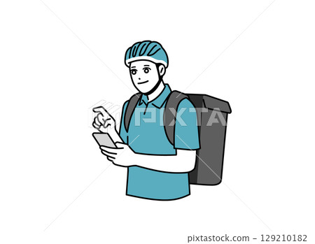 一名送餐員正在看他的智慧型手機 129210182