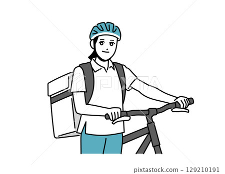 Female food delivery person pushing a bicycle 129210191