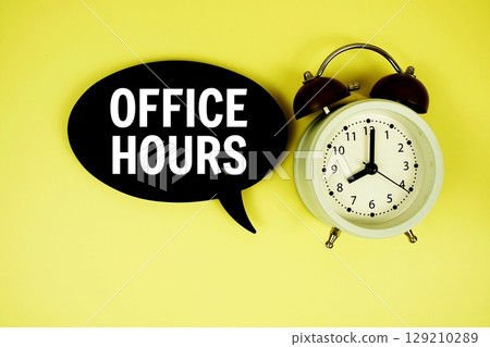 Office Hours text with speech bubble and magnifying glass on yellow background 129210289