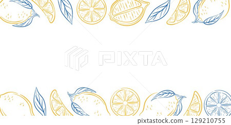 Lemon fruit frame with whole lemon, slice, leaf on white background in line art style. Perfect for banner, package store, greeting card and summer invitation design. 129210755