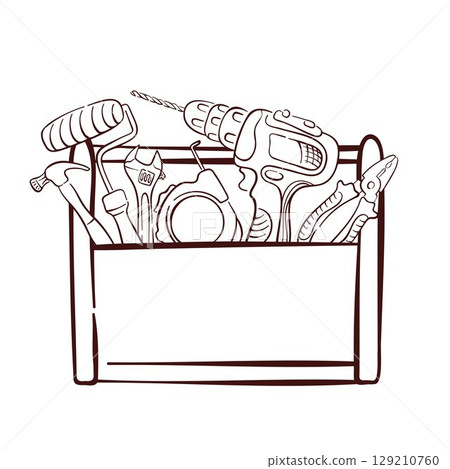 Toolbox with various repair tool including Hammer, Paint Roller, Wrench, Tape Measure, Electric drill, pliers in line art style. Perfect for construction repair card and flyer design. 129210760