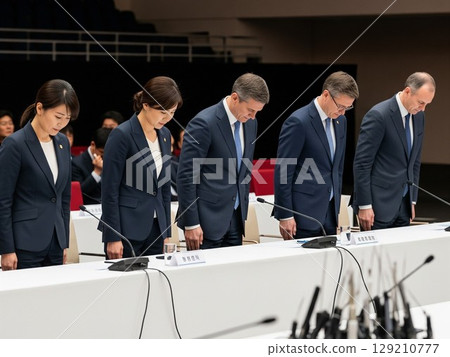 (人工智慧生成的)商業圖像:高階主管在新聞發布會上鞠躬 (人工智慧生成的)商業圖像:高階主管在新聞發布會上鞠躬 129210777