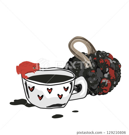Black coffee cup, red frog, and red painted warty gourd Halloween composition. Vector isolated illustration. Black coffee cup, red frog, and red painted warty gourd Halloween composition. Vector isolated illustration. 129210806