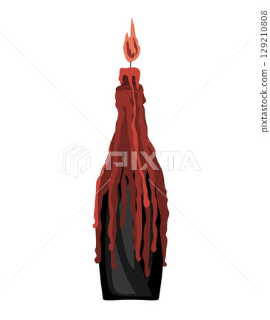 Red lighting and melting candle in the wine bottle candleholder. Halloween or Valentine Day candle clip art. Halloween design element vector isolated illustration. Red lighting and melting candle in the wine bottle candleholder. Halloween or Valentine Day candle clip art. Halloween design element vector isolated illustration. 129210808