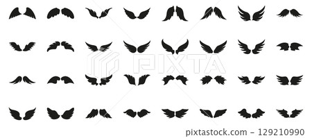 Black Wing Silhouette Icon Set. Angelic, Bird, And Fantasy Wing Silhouette Symbol Collection. Ideal For Spiritual, Mythical, And Artistic Themes. Isolated Vector Illustration Black Wing Silhouette Icon Set. Angelic, Bird, And Fantasy Wing Silhouette Symbol Collection. Ideal For Spiritual, Mythical, And Artistic Themes. Isolated Vector Illustration 129210990