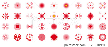 Red Pain Pulse and Target Circle Indicators Icon Set. Ache Localization, Medical Radar Spots, Electric Shock Points and Body Discomfort Zones Symbol Collection. Isolated Vector Illustration 129210991