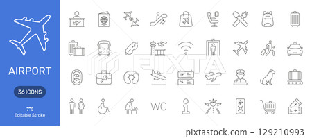 Airport Travel And Services Line Icon Set. Aviation, Passenger Assistance, And Airport Facilities Outline Symbol Collection. Editable Stroke. Isolated Vector Illustration 129210993