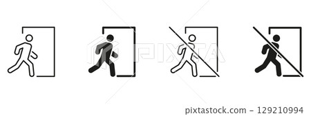 Exit And No Entry Door Icons Set. Emergency Exit And Restricted Access Symbols Collection. Safety Sign For Building Navigation And Security. Isolated Vector Illustration Exit And No Entry Door Icons Set. Emergency Exit And Restricted Access Symbols Collection. Safety Sign For Building Navigation And Security. Isolated Vector Illustration 129210994