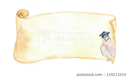 Graduation celebration scroll with owl in cap for decorative graduation design. Template for certificate, diploma, card. Copy space. Hand drawn. Education concept. End of course. Back to school 129211018