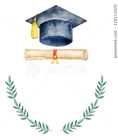 Graduation template with cap, diploma, and laurel leaves for celebration design. End of course. For certificate, diploma, invitation, card. Education concept. University, institute, school 129211020