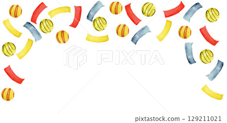 Festive template with colorful confetti and balls design. End of course. Back to school. Horizontal banner, certificate, diploma, invitation, card. Graduation, university, institute. Copy space 129211021