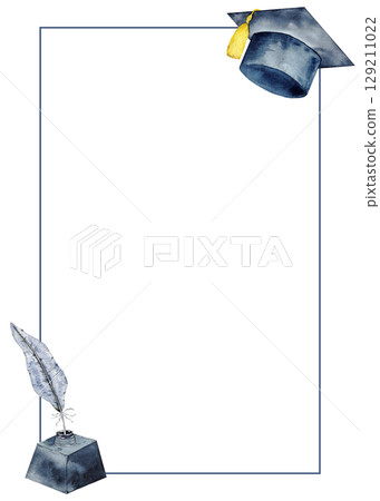 Elegant graduation frame with inkwell, feather, cap for academic celebrations. End of course. Template for certificate, diploma, invitation, card. Education concept. For university, institute, school 129211022