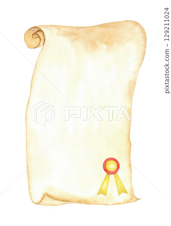 Vintage scroll with ribbon seal for certificates or invitations. Education concept. Template for certificate, diploma, card, invitation. Vertical banner. Copy space. End of course. Back to school Vintage scroll with ribbon seal for certificates or invitations. Education concept. Template for certificate, diploma, card, invitation. Vertical banner. Copy space. End of course. Back to school 129211024