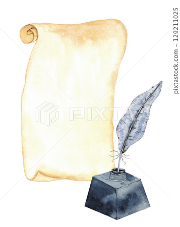 Vintage writing concept with scroll, feather, inkwell. Nostalgic design for stationery or invitations. Vertical template for certificate, diploma, invitation. Copy space. End of course. Back to school 129211025