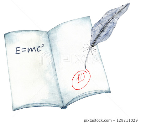 Open book with feather and physics formula for educational and scholarly themes. Watercolor for certificate, diploma, invitation, card. Copy space. End of course. Back to school. Education concept 129211029