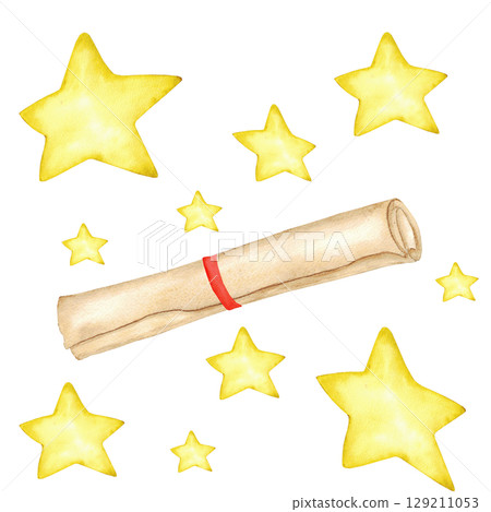 Magical golden stars with scroll or diploma for creative design. Education concept. For banner, poster, certificate, diploma, invitation, card. Isolated. End of course. Watercolor illustration 129211053
