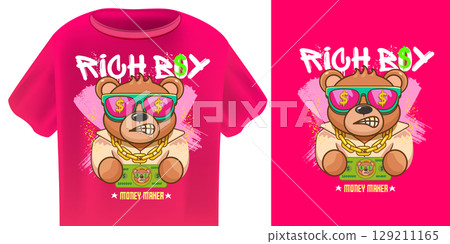 Rich Boy Cool Teddy Bear T-Shirt Design Vector with Stylish Bear with summer Sunglasses, Gold Chain, and Money. Print design Perfect for Urban Fashion with cool funky billionaire Bear, Rich club Rich Boy Cool Teddy Bear T-Shirt Design Vector with Stylish Bear with summer Sunglasses, Gold Chain, and Money. Print design Perfect for Urban Fashion with cool funky billionaire Bear, Rich club 129211165