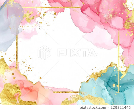 Elegant watercolor and gold foil background frame - abstract luxury template 129211445