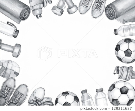 Monochrome watercolor sports frame - stylish modern fitness background template 129211687