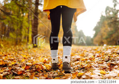 Female legs in boots walking through fallen trees in autumn park. Nature, travel concept. 129211844