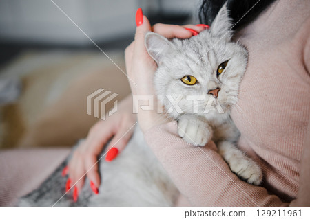 A woman is sitting on the couch with a gray cat in her arms 129211961