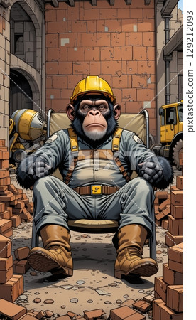 A chimpanzee construction worker sitting relaxed on a folding chair 129212093