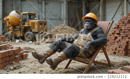 A calm chimpanzee worker relaxing on a chair at a building site 129212112