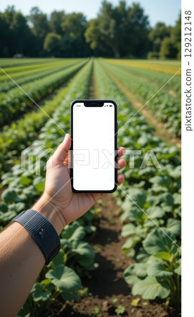 A person holding a blank smartphone with a green field in the background 129212148