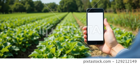 A person holding a blank smartphone in a large green agricultural field 129212149