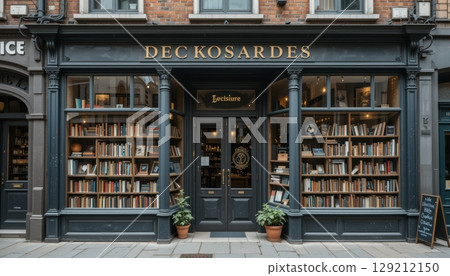 Classic bookstore facade with large windows and a vintage sign. Classic bookstore facade with large windows and a vintage sign. 129212150