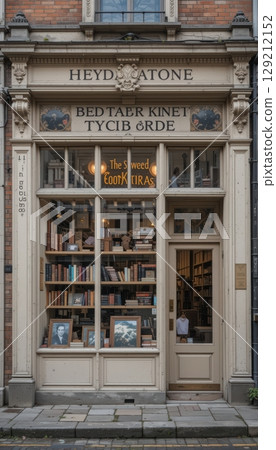 The inviting storefront of a traditional bookstore with warm lighting 129212152