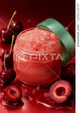 Jar of cherry sugar scrub with fresh cherries on red background 129212237