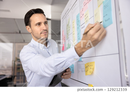 Serious professional man holding pen, taking notes on sticky notes Serious professional man holding pen, taking notes on sticky notes 129212339