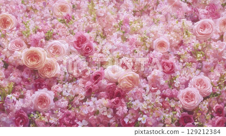 Abundant pink roses and hydrangeas create lush tapestry effect. Soft lighting enhances vivid colors and textures. Harmonious blend evokes romantic mood. Neural network AI generated 129212384