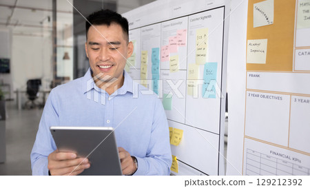 Professional man consulting client remotely using digital tablet 129212392