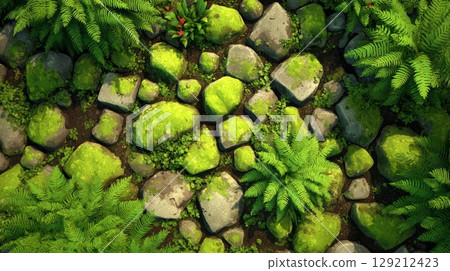 Top-down view reveals vibrant green ferns and moss enveloping stones. Natural setting exudes tranquility with balanced mix of textures, patterns. Sunlight filters gently. Neural network AI generated 129212423
