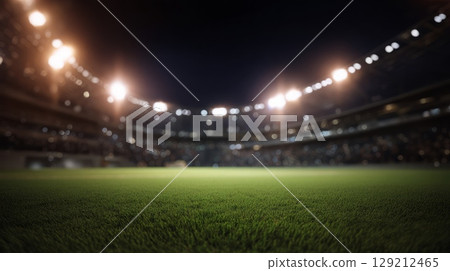 Vast stadium under bright stadium lights, focusing on vibrant field grass. Evening atmosphere with blurred background seating. Captures tranquility of unoccupied arena. Neural network AI generated 129212465