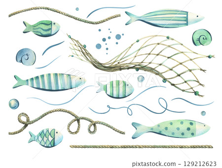 Sea fish, ropes, bubbles, shells and net elements in light turquoise and mint shades. Hand-painted watercolor illustration. Clip art set for branding, digital design and DIY projects. 129212623