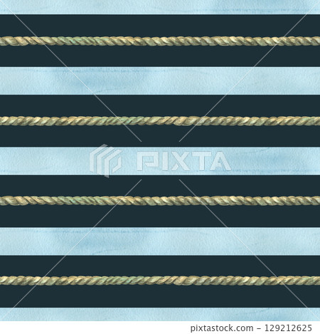 This seamless hand-painted watercolor illustration features horizontal stripes created from twisted nautical ropes in dark marine colors, ideal for maritime design projects. This seamless hand-painted watercolor illustration features horizontal stripes created from twisted nautical ropes in dark marine colors, ideal for maritime design projects. 129212625