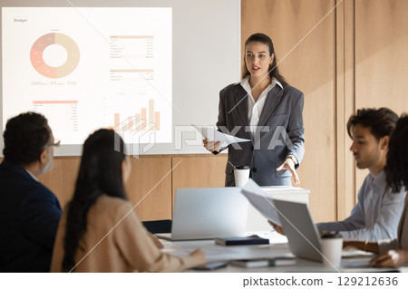 Young woman coach presenting project insights to diverse multicultural team Young woman coach presenting project insights to diverse multicultural team 129212636