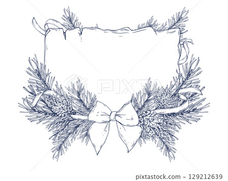 Hand drawn line art graphic illustration of an old scroll surrounded by a pine tree bow and ribbon creating a festive template for text. Perfect for Christmas cards or New Year s messages. Hand drawn line art graphic illustration of an old scroll surrounded by a pine tree bow and ribbon creating a festive template for text. Perfect for Christmas cards or New Year s messages. 129212639