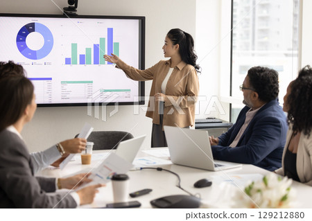Young businesswoman present project stats to multiethnic professionals in boardroom 129212880