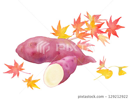 秋天的味道：地瓜和秋葉。水彩插圖。 129212922