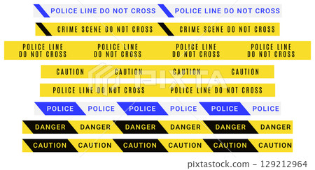 Seamless barricade tapes. Tileable Police lines. Do not cross warning symbols. Repeatable barrier lines. Seamless barricade tapes. Tileable Police lines. Do not cross warning symbols. Repeatable barrier lines. 129212964