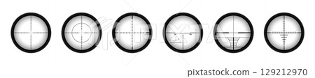 Crosshairs of a sniper scope reticle. Cross hairs of a rifle gun aiming optical viewfinder. 129212970