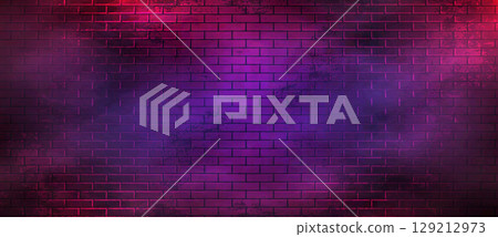 Cyber Neon Brick Wall Panorama. Retro Cyberpunk Background Cyber Neon Brick Wall Panorama. Retro Cyberpunk Background 129212973